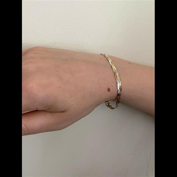 Solid 925 Silver Tri Color Yellow Rose Gold Twisted Braided Herringbone Bracelet - Picture 9 of 9